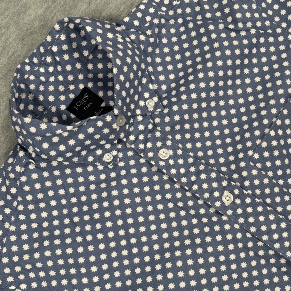 J.Crew Flex Mens Small Blue White Geometric Star Short Sleeve Button Down Shirt
